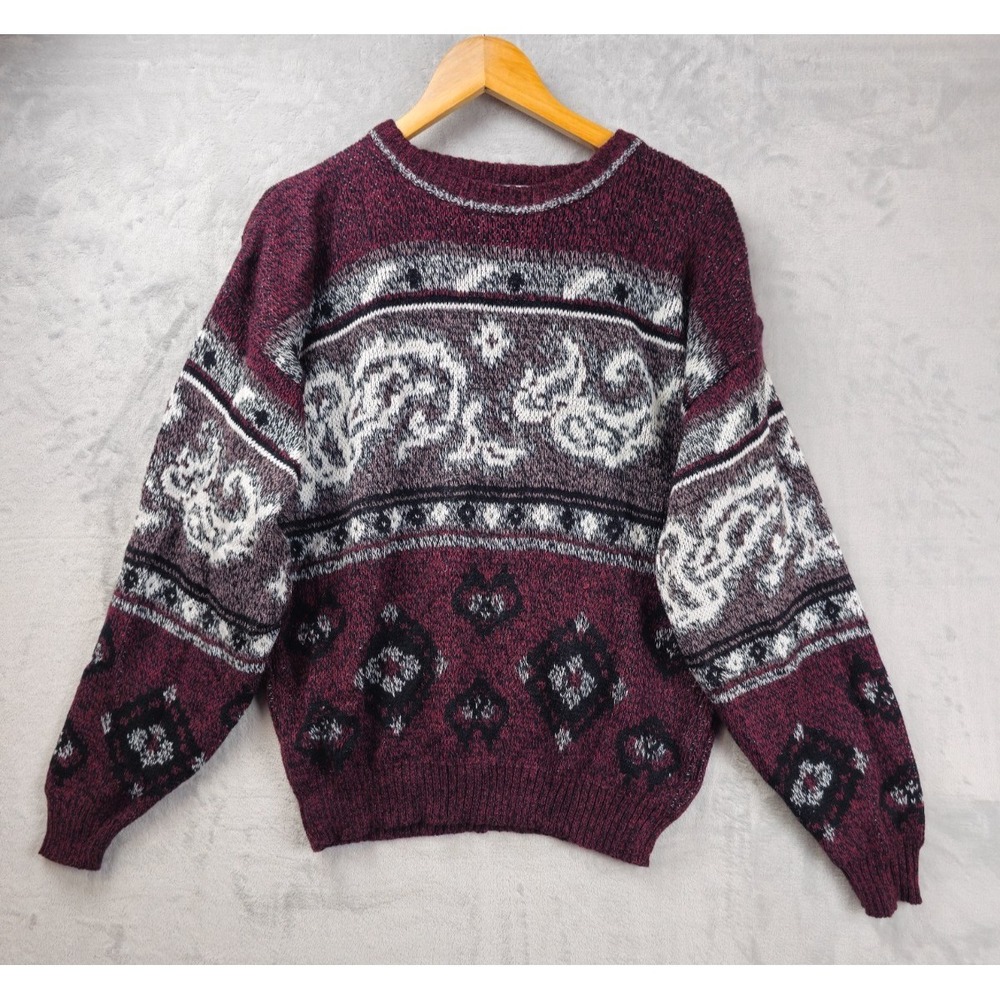 Vintage Michael Gerald Sweater‎ Large Maroon White Knit Fair Isle Geometric 90s
